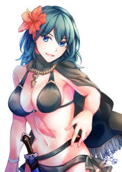 Rule 34 | 1girl, :d, bare shoulders, bikini, black bikini, black capelet, blue eyes, blue hair, breasts, byleth (female) (fire emblem), byleth (female) (summer) (fire emblem), byleth (fire emblem), capelet, cleavage, collarbone, commentary request, cowboy shot, dagger, fire emblem, fire emblem: three houses, fire emblem heroes, flower, groin, hair between eyes, hair flower, hair ornament, highres, knife, large breasts, long hair, looking at viewer, midriff, navel, nintendo, official alternate costume, open mouth, ribbon, sheath, sheathed, sidelocks, simple background, smile, solo, standing, swimsuit, tarayuki, weapon, white background, wrist ribbon