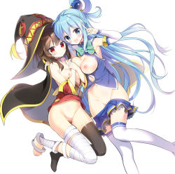 Rule 34 | 10s, 2girls, :d, aqua (konosuba), bandaged leg, bandages, barefoot, black legwear, blue eyes, blue hair, blue skirt, blush, bow, bowtie, breasts, breasts out, brown hair, cape, closed mouth, clothes lift, clothes pull, collar, collarbone, detached sleeves, dress, dress lift, dress pull, green bow, green bowtie, groin, hair between eyes, hair rings, hand on another&#039;s shoulder, hat, index finger raised, kono subarashii sekai ni shukufuku wo!, leg up, legs up, long hair, long sleeves, medium breasts, megumin, multiple girls, navel, nipples, open clothes, open mouth, open shirt, own hands together, pleated skirt, red eyes, shirt, short hair with long locks, simple background, single thighhigh, skirt, skirt pull, smile, thighhighs, very long hair, white background, white legwear, witch, witch hat, youta