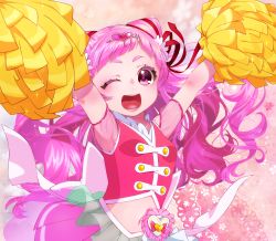 Rule 34 | 10s, 1girl, ;d, absurdres, armpits, arms up, cheerleader, cone hair bun, cure yell, double bun, hair bun, hair ornament, hair ribbon, heart, heart hair ornament, highres, hugtto! precure, layered skirt, long hair, looking at viewer, magical girl, nono hana, one eye closed, open mouth, pink background, pink eyes, pink hair, pink shirt, pink skirt, pink theme, pom pom (cheerleading), precure, red ribbon, ribbon, shirt, skirt, sleeveless, sleeveless shirt, smile, solo, upper body, yupiteru