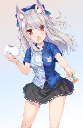Rule 34 | 1girl, absurdres, animal ear fluff, animal ears, azur lane, baozi, bitten, black skirt, blue nails, blue ribbon, blue shirt, breasts, card, character name, commentary request, eyes visible through hair, fang, food, food on face, gradient background, hair ribbon, highres, holding, holding card, lawson, long hair, looking at viewer, medium breasts, nail polish, nakazawa aki, name tag, open mouth, outstretched arm, pleated skirt, red eyes, ribbon, shirt, short sleeves, silver hair, simple background, skin fang, skirt, solo, standing, striped clothes, striped nails, striped shirt, thick eyebrows, uniform, yuudachi (azur lane), yuudachi (meat bun hunter) (azur lane)