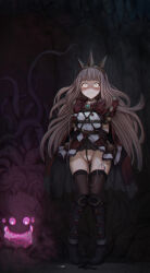 Rule 34 | 1girl, black footwear, black thighhighs, blonde hair, blunt bangs, blush, boots, breasts, brown cape, brown dress, cagliostro (granblue fantasy), cape, censored, chinese commentary, clenched teeth, commentary, commentary request, constricted pupils, dress, english commentary, full body, granblue fantasy, green brooch, hairband, highres, long hair, medium bangs, mixed-language commentary, monster, mosaic censoring, pussy, qisu, sex toy, shaded face, shibari, shibari over clothes, small breasts, spiked hairband, spikes, standing, teeth, tentacles, thighhighs, vibrator, vibrator in thighhighs