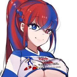 Rule 34 | 1girl, alear (female) (fire emblem), alear (fire emblem), blue eyes, blue hair, breasts, crossed bangs, english text, female focus, fire emblem, hair between eyes, heterochromia, large breasts, long hair, looking at viewer, matching hair/eyes, md5 mismatch, multicolored hair, nintendo, no bra, ponytail, red eyes, red hair, resolution mismatch, serafineart1001, shirt, smile, solo, sonic the hedgehog, source larger, two-tone hair, underboob