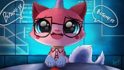 Rule 34 | 1girl, blue eyes, cat, colored skin, commentary, commentary request, english commentary, fake screenshot, glasses, happy, heart, highres, no humans, open mouth, penguin ex, pink skin, princess unikitty, simple background, smile, solo, tail, the lego group, the lego movie