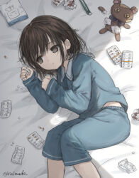 Rule 34 | 1girl, @ @, bag, blood, boxcutter, brown eyes, brown hair, collared shirt, expressionless, holding pill, long sleeves, looking to the side, lying, midriff peek, on bed, on side, original, pajamas, pill, ruimado, shirt, short hair, solo, stuffed animal, stuffed toy, stuffing, teddy bear, tissue, used tissue