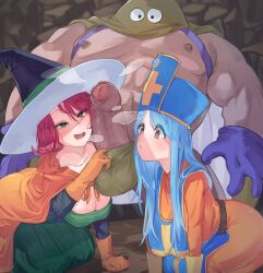 Rule 34 | 1boy, 2girls, abs, aqua hair, blue hair, blush, bodysuit, breasts, cape, cross, dragon quest, dragon quest iii, dress, elbow gloves, erection, ffm threesome, foreskin, gloves, green eyes, group sex, hat, heavy breathing, hetero, highres, hood, kandar, large breasts, large pectorals, large penis, long hair, looking at penis, mage (dq3), mitre, mocomori, multiple girls, muscular, muscular male, open mouth, pectorals, penis, penis awe, penis on face, priest (dq3), short hair, smile, stomach, sweat, tabard, threesome, toned, toned male, uncensored, witch hat