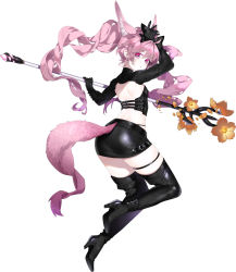 Rule 34 | 1girl, animal ears, arm up, black bow, black footwear, black gloves, black skirt, boots, bow, choker, deathalice, elbow gloves, elin, floating hair, fox ears, fox tail, from behind, from side, full body, gloves, hair between eyes, high heel boots, high heels, highres, holding, holding staff, leather, leather boots, leather skirt, long hair, long sleeves, looking back, pink eyes, pink hair, priest, simple background, skirt, solo, staff, tail, tera online, thigh boots, thigh strap, thighhighs, twintails, very long hair, white background
