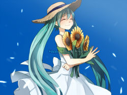 Rule 34 | 1girl, aqua hair, blue background, dress, closed eyes, flower, happy birthday, hat, hatsune miku, long hair, smile, solo, straw hat, sunflower, tama (songe), twintails, very long hair, vocaloid, white dress