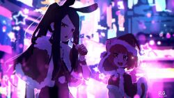 Rule 34 | 2girls, :d, :o, absurdres, animal ears, black hair, blush, bob cut, capelet, cigarette pack, city, cityscape, dated, doll joints, dorothy haze, dot nose, fake animal ears, fur-trimmed capelet, fur trim, hand on own head, hat, highres, holding, holding cigarette pack, jill stingray, joints, looking at another, looking at viewer, multiple girls, neon lights, night, open mouth, outdoors, parted bangs, rabbit ears, red capelet, red eyes, red hair, rnna, santa hat, short hair, sidelocks, signature, smile, twintails, upper body, va-11 hall-a