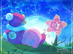 Rule 34 | anniversary, bean stalk, commentary request, copyright name, dreamstalk, facing away, from behind, full moon, fur-trimmed jacket, fur trim, grass, hat, highres, jacket, king dedede, kirby, kirby: triple deluxe, kirby (series), leaf, long sleeves, moon, night, night sky, nintendo, no humans, outdoors, plant, pom pom (clothes), red headwear, red jacket, sitting, sky, star (sky), starry sky, stern (stern dream), vines