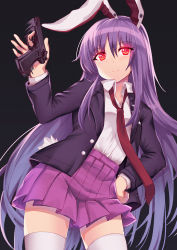 Rule 34 | 1girl, animal ears, blazer, blouse, blue skirt, buttons, collared shirt, gun, highres, jacket, long hair, long sleeves, necktie, persocon93, pink skirt, pleated skirt, purple hair, rabbit ears, rabbit tail, red eyes, red necktie, reisen udongein inaba, shirt, skirt, smile, tail, thighhighs, touhou, very long hair, weapon, white shirt, white thighhighs, zettai ryouiki