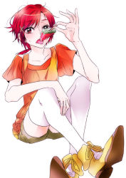 Rule 34 | 10s, 1girl, collarbone, food, hair ornament, hairclip, hino akane (smile precure!), hot, orange shirt, popsicle, precure, red eyes, red hair, shirt, short shorts, short sleeves, shorts, simple background, sitting, smile precure!, solo, sweat, thighhighs, tima, white thighhighs, zettai ryouiki
