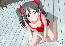 Rule 34 | 10s, 1girl, 2014, arm support, bare arms, bare legs, bare shoulders, barefoot, black hair, blush, bow, breasts, cleavage, dated, downblouse, dress, dutch angle, full body, hair bow, kosu, looking at viewer, love live!, love live! school idol project, medium hair, no bra, red dress, red eyes, sitting, small breasts, smile, solo, twintails, wariza, yazawa nico