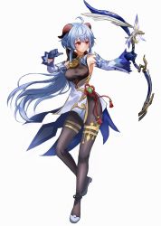 Rule 34 | 1girl, ahoge, amos&#039; bow (genshin impact), bare shoulders, bell, blue gloves, blue hair, bow (weapon), breasts, brown pantyhose, chinese knot, detached sleeves, flower knot, full body, ganyu (genshin impact), genshin impact, gloves, gold trim, high heels, highres, holding, holding bow (weapon), holding weapon, horns, long hair, looking to the side, medium breasts, neck bell, pantyhose, purple eyes, shaluna, sidelocks, smile, solo, standing, tassel, thighlet, vision (genshin impact), weapon, white background, white sleeves