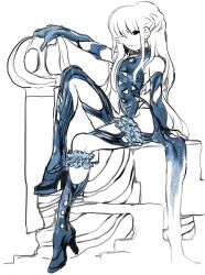 Rule 34 | 1boy, absurdres, androgynous, closed mouth, curvy, demi (dizzyspells), dizzyspells, high heels, highres, long hair, looking at viewer, revealing clothes, sitting, solo, taut clothes