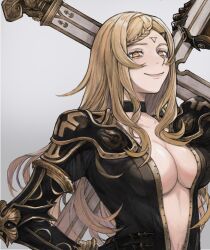 Rule 34 | 1girl, armor, blonde hair, braid, breasts, cleavage, commentary request, drag-on dragoon, drag-on dragoon 3, eyelashes, facial mark, five (drag-on dragoon), forehead mark, gold trim, grey background, hand on own hip, highres, holding, holding weapon, large breasts, long hair, parted bangs, plunging neckline, simple background, smile, solo, tricoliet, upper body, weapon, yellow eyes