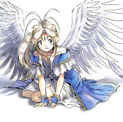 Rule 34 | 1girl, aa megami-sama, belldandy, blonde hair, blue dress, blue eyes, blue gloves, dress, fingerless gloves, gloves, highres, jewelry, kneeling, long hair, looking to the side, midnamana, necklace, robe, smile, white background, wings, wrist cuffs