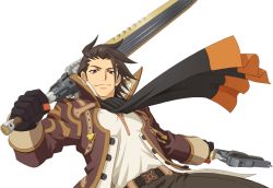 Rule 34 | 1boy, alvin (tales), belt, black gloves, brown eyes, brown hair, coat, ascot, dual wielding, gloves, gun, holding, male focus, official art, over shoulder, pants, shirt, smile, solo, sword, tales of (series), tales of xillia, transparent background, weapon, white background