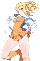 Rule 34 | 10s, 1girl, absurdres, blonde hair, blush, blush stickers, boots, breasts, covered erect nipples, covered navel, drill hair, gloves, gundam, gundam build fighters, half gloves, hand on own hip, highres, long hair, long sleeves, looking at viewer, niko (tama), short hair, simple background, small breasts, smile, solo, whip, white background, yajima caroline