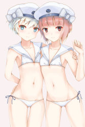 Rule 34 | 10s, 2girls, bikini, blue eyes, blush, breasts, collarbone, groin, hat, highres, kantai collection, momin, multiple girls, navel, red eyes, red hair, small breasts, smile, swimsuit, white bikini, white hair, z1 leberecht maass (kancolle), z3 max schultz (kancolle)