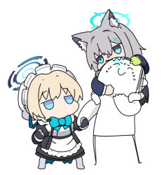 Rule 34 | 1boy, 2girls, animal ear fluff, animal ears, apron, doodle sensei (blue archive), biting, black dress, black gloves, black skirt, blonde hair, blue archive, blue eyes, blue jacket, chibi, closed eyes, closed mouth, commentary request, dress, fingerless gloves, frilled apron, frills, gloves, green gloves, grey hair, grey pantyhose, hair between eyes, halo, jacket, juliet sleeves, long sleeves, maid, maid apron, maid headdress, multiple girls, no shoes, nyaru (nyaru 4126), open mouth, pantyhose, pleated skirt, puffy sleeves, saliva, sensei (blue archive), sharp teeth, shiroko (blue archive), simple background, single glove, skirt, socks, sweat, teeth, toki (blue archive), white apron, white background, white socks