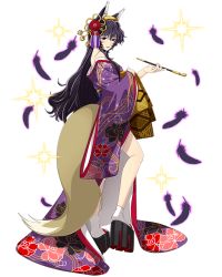 Rule 34 | 1girl, animal ears, black feathers, blush, feathers, floral print, fox ears, fox tail, from side, full body, hair ornament, holding, japanese clothes, kimono, log horizon, long hair, looking at viewer, mole, mole under eye, nureha (log horizon), obi, off shoulder, official art, parted lips, platform clogs, purple eyes, purple hair, purple kimono, sash, smile, socks, solo, tail, transparent background, very long hair, white socks, yukata