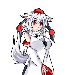 Rule 34 | 1girl, animal ears, blush, breasts, detached sleeves, ears down, female focus, hat, inubashiri momiji, large breasts, looking at viewer, mashiki, open mouth, pom pom (clothes), red eyes, ribbon-trimmed sleeves, ribbon trim, short hair, silver hair, solo, tail, tokin hat, touhou, transparent background, v arms, variant set, wolf ears, wolf tail