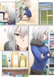 Rule 34 | 1girl, ahoge, breasts, comic, crossed arms, fate/grand order, fate (series), fur collar, ginhaha, jacket, jeanne d&#039;arc (fate), jeanne d&#039;arc alter (avenger) (fate), jeanne d&#039;arc alter (fate), large breasts, light smile, price tag, shelf, shopping, short hair, silent comic, silver hair, sliding doors, solo, squatting, yellow eyes