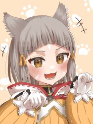 Rule 34 | +++, 1girl, :d, animal ear fluff, animal ears, aohoshi non, blush, bodysuit, brown background, brown eyes, brown hair, commentary request, fang, gloves, hands up, highres, long sleeves, looking at viewer, nia (xenoblade), open mouth, paw pose, puffy long sleeves, puffy sleeves, ribbon trim, simple background, smile, solo, upper body, v-shaped eyebrows, white gloves, xenoblade chronicles (series), xenoblade chronicles 2, yellow bodysuit