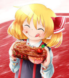 Rule 34 | 1girl, :q, ^ ^, bbb (33kudo), blonde hair, eating, closed eyes, food, hair ribbon, ham, hamburger steak, ketchup, long sleeves, meat, meatball, messy, ribbon, rumia, short hair, smile, solo, stained clothes, tongue, tongue out, touhou, two-tone background, upper body