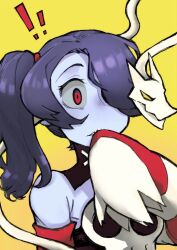 Rule 34 | !, !!, 1girl, bare shoulders, black collar, blue hair, blue skin, closed mouth, collar, colored skin, commentary, covering own mouth, detached collar, detached sleeves, dress, english commentary, hair over one eye, hand up, highres, leviathan (skullgirls), long hair, object through head, red eyes, side ponytail, simple background, skull, skullgirls, solo, squigly (skullgirls), stitched mouth, stitches, striped, striped sleeves, surprised, upper body, xue jiang (simoncry), yellow background, yellow eyes, zombie
