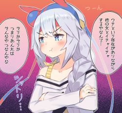 Rule 34 | 1girl, aged up, alternate hairstyle, anger vein, angry, animal ears, blue eyes, blush, braid, commentary request, crossed arms, ear covers, furrowed brow, gradient background, grey hair, hairband, headband, highres, horse ears, horse girl, jealous, kyutai x, long sleeves, looking away, off-shoulder shirt, off shoulder, orange background, pout, purple background, shirt, solo, sound effects, standing, tamamo cross (umamusume), translation request, umamusume, upper body, white shirt