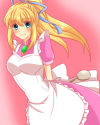 Rule 34 | 1girl, apron, blonde hair, blue eyes, blush, breasts, dress, frills, highres, lilith aileron, long hair, pink background, ponytail, ribbon, smile, tales of (series), tales of destiny