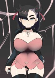 Rule 34 | 1girl, absurdres, alternate breast size, asymmetrical hair, black choker, black hair, black jacket, black panties, black thighhighs, blue eyes, breasts, choker, cleavage, creatures (company), curvy, dress, earrings, forehead, game freak, gluteal fold, hair over one eye, hair ribbon, highres, holding, holding poke ball, huge breasts, jacket, jewelry, large breasts, leather, leather jacket, looking at viewer, marnie (pokemon), microdress, nintendo, panties, pantyshot, parted lips, pink dress, poke ball, poke ball (basic), pokemon, pokemon swsh, postblue98, ribbon, smile, solo, standing, strapless, strapless dress, stud earrings, thick eyebrows, thighhighs, undercut, underwear, wide hips
