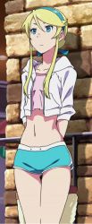 Rule 34 | 1girl, aqua eyes, aqua shorts, breasts, closed mouth, collarbone, female focus, heroman, lina davis, midriff, screencap, shorts, small breasts, solo, standing, stitched, third-party edit