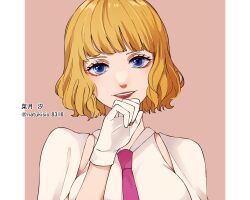 Rule 34 | 1girl, artist name, blonde hair, blue eyes, blunt bangs, curly hair, gloves, highres, looking at viewer, natsuki shio, necktie, one piece, open mouth, pink background, pink necktie, short hair, simple background, smile, solo, stussy (one piece), teeth, translation request, white gloves