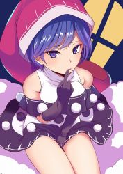Rule 34 | 1girl, amisu, black gloves, blue eyes, blue hair, blush, breasts, cloud, commentary request, doremy sweet, gloves, hand to own mouth, hat, large breasts, nightcap, pom pom (clothes), short hair, smile, smug, solo, touhou