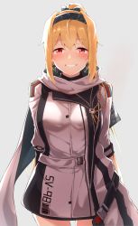 Rule 34 | 1girl, aiguillette, barcode, blonde hair, blush, commentary, commission, dress, english commentary, fluegel (kaleido scope-710), girls&#039; frontline, grey background, hair ribbon, hairband, highres, looking at viewer, mod3 (girls&#039; frontline), ponytail, red eyes, ribbon, russian flag, scarf, simple background, skeb commission, smile, solo, standing, sv-98 (girls&#039; frontline), sv-98 (mod3) (girls&#039; frontline), teeth, white scarf