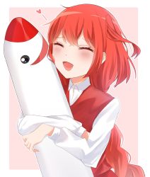 Rule 34 | 1girl, blush, braid, braided ponytail, collared shirt, commentary request, happy, heart, highres, long hair, long sleeves, milll 77, mimi-chan, hugging object, okazaki yumemi, open mouth, outside border, pink background, red hair, red vest, shirt, simple background, solo, touhou, touhou (pc-98), vest, white shirt, wing collar
