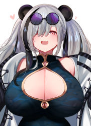 Rule 34 | 10eki (tenchou), 1girl, absurdres, animal ears, arknights, asymmetrical hair, breasts, china dress, chinese clothes, cleavage, cleavage cutout, clothing cutout, dress, eyewear on head, fang, feater (arknights), highres, huge breasts, long hair, multicolored hair, open mouth, panda ears, pink eyes, smile, solo, streaked hair, sunglasses, twintails