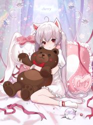 Rule 34 | 1girl, :t, absurdres, ahoge, animal ears, bed sheet, bow, cat ears, closed mouth, commentary request, crescent, dress, frilled pillow, frills, hair between eyes, head tilt, heart, heart-shaped pupils, highres, long hair, no shoes, hugging object, original, ornament, phonic, pillow, pink bow, pout, puffy short sleeves, puffy sleeves, red eyes, red ribbon, ribbon, short sleeves, silver hair, sitting, socks, solo, sparkle, stuffed animal, stuffed rabbit, stuffed toy, symbol-shaped pupils, teddy bear, twintails, very long hair, wariza, white dress, white socks