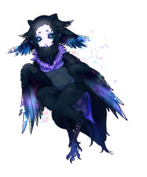 Rule 34 | 1girl, bachikin (kingyo155), bird legs, bird tail, black feathers, black wings, colored skin, digitigrade, feathers, galaxy, gradient wings, harpy, head wings, highres, monster girl, multicolored wings, neck ruff, open mouth, original, purple feathers, short hair, solo, star (symbol), star in eye, symbol in eye, tail, talons, thick eyebrows, white background, white skin, winged arms, wings