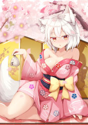 Rule 34 | 1girl, alternate costume, animal ear fluff, animal ears, bare shoulders, blush, breasts, cherry blossoms, cleavage, collarbone, commentary request, cup, drunk, holding, holding cup, inubashiri momiji, japanese clothes, kimono, long sleeves, looking at viewer, medium breasts, orange eyes, petals, pink kimono, rururiaru, short hair, sitting, solo, tail, thighs, touhou, white hair, wolf ears, wolf tail