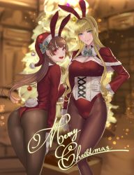 Rule 34 | 2girls, absurdres, animal ears, ass, blonde hair, blue eyes, blurry, blurry background, blush, bow, breasts, brown hair, capelet, christmas ornaments, christmas tree, closed mouth, commentary request, damegane, earrings, fake animal ears, fur trim, gloves, hand on own hip, hat, highleg, highleg leotard, highres, indoors, jewelry, leotard, lips, long sleeves, looking at viewer, medium breasts, multiple girls, open mouth, original, pantyhose, playboy bunny, pom pom (clothes), purple eyes, rabbit ears, rabbit tail, red leotard, sakura (damegane), santa hat, shiny skin, smile, tail, victoria (damegane), white gloves