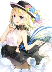 Rule 34 | 1girl, black dress, black hat, black skirt, blonde hair, blue eyes, blush, boater hat, breasts, collarbone, cowboy shot, dress, floating hair, frilled shirt collar, frills, fuumi (radial engine), hands up, hat, long hair, looking at viewer, medium breasts, original, parted lips, sideboob, simple background, skirt, smile, solo, water drop, white background