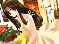 Rule 34 | 1girl, brown eyes, brown hair, dress, flower, hat, long hair, megami tensei, photo background, shirasagi yumiko, signature, solo, taihei hiromi