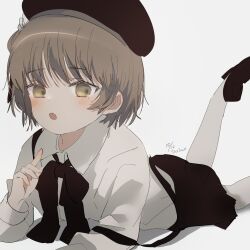 Rule 34 | 1girl, :o, beret, black footwear, black hat, black ribbon, black skirt, blush, brown eyes, brown hair, collared shirt, dated, dot nose, elbow rest, fang, feet out of frame, feet up, flower, from side, hair ribbon, hand up, hat, hat flower, hatoba tsugu, highres, index finger raised, long sleeves, looking at viewer, lying, medium hair, mole, mole under eye, neck ribbon, on stomach, open mouth, pantyhose, raised eyebrows, ribbon, sha2mo, shirt, shirt tucked in, shoes, signature, simple background, single hair ring, skin fang, skirt, solo, strap slip, suspender skirt, suspenders, the pose, tsugu (vtuber), white background, white flower, white pantyhose, white shirt