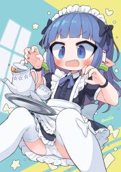 Rule 34 | 1girl, apron, arched bangs, black dress, blue eyes, blue hair, blue ribbon, blush, commentary request, commission, cup, dress, fang, feet out of frame, frilled apron, frills, highres, long hair, maid apron, maid headdress, nanatsuta, neck ribbon, open mouth, original, panties, pantyshot, pointy ears, puffy short sleeves, puffy sleeves, ribbon, short sleeves, signature, skeb commission, solo, teacup, teapot, thighhighs, tray, underwear, wavy mouth, white apron, white panties, white thighhighs