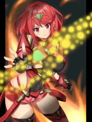 Rule 34 | 1girl, armor, black gloves, blurry, blurry background, breasts, chest jewel, cowboy shot, diamond earrings, earrings, fingerless gloves, fire, gloves, highena, highres, impossible clothes, jewelry, large breasts, looking at viewer, open hand, pyra (xenoblade), red eyes, red hair, short hair, shoulder armor, solo, swept bangs, tiara, v-shaped eyebrows, xenoblade chronicles (series), xenoblade chronicles 2