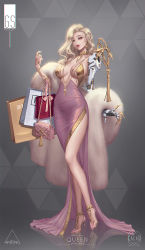 Rule 34 | 1girl, asymmetrical bangs, bag, blonde hair, blue eyes, breasts, choker, cleavage, commentary, cyborg, dress, earrings, english commentary, feather boa, fingernails, full body, hair over one eye, handbag, high heels, highres, hoop earrings, jewelry, large breasts, legs, light smile, lipgloss, long dress, long legs, love cacao, mechanical arms, narrow waist, no bra, original, parted lips, pendant, plunging neckline, pointy footwear, purple dress, purple footwear, ring, sharp fingernails, shoes, shopping bag, side slit, single mechanical arm, solo, standing, stiletto heels, thick eyebrows