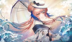 Rule 34 | a0lp, arknights, blue feathers, blush, bow, ceylon (arknights), dress, feather hair, feathers, gloves, hat, highres, long hair, looking at viewer, pink hair, sky, smile, solo, umbrella, water, waves, yellow eyes